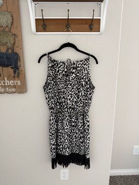 Sleeveless Black & White Leopard Midi Dress with Fringe Hem